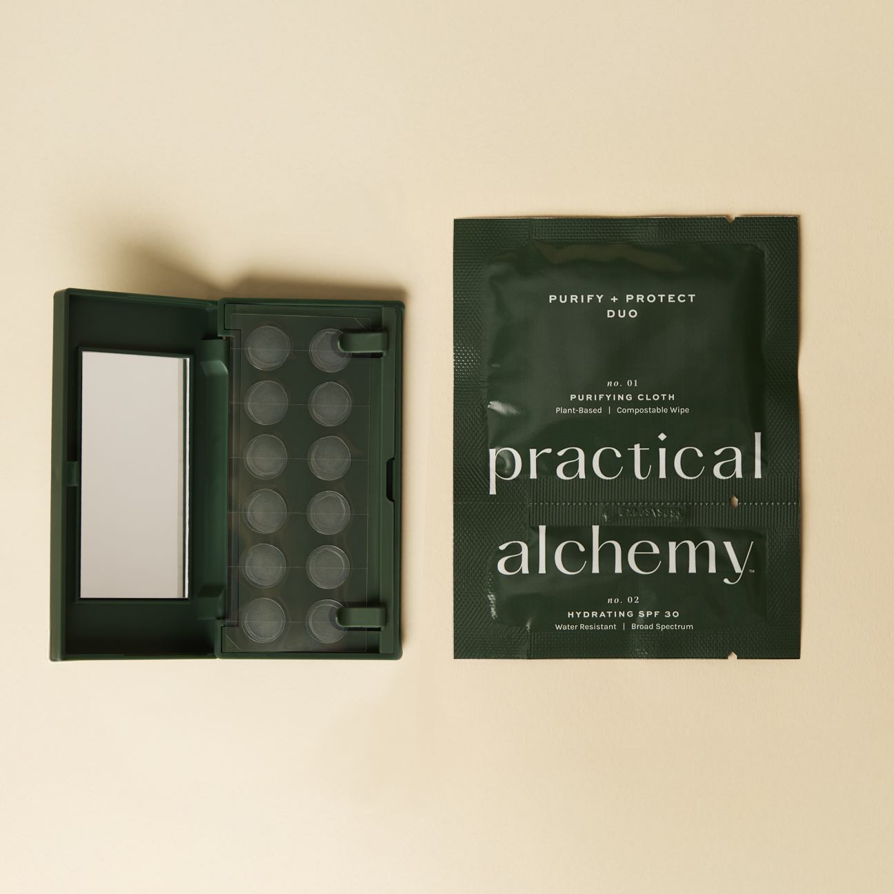 Open pimple patch carrying case next to Purify & Protect Duo on a beige background