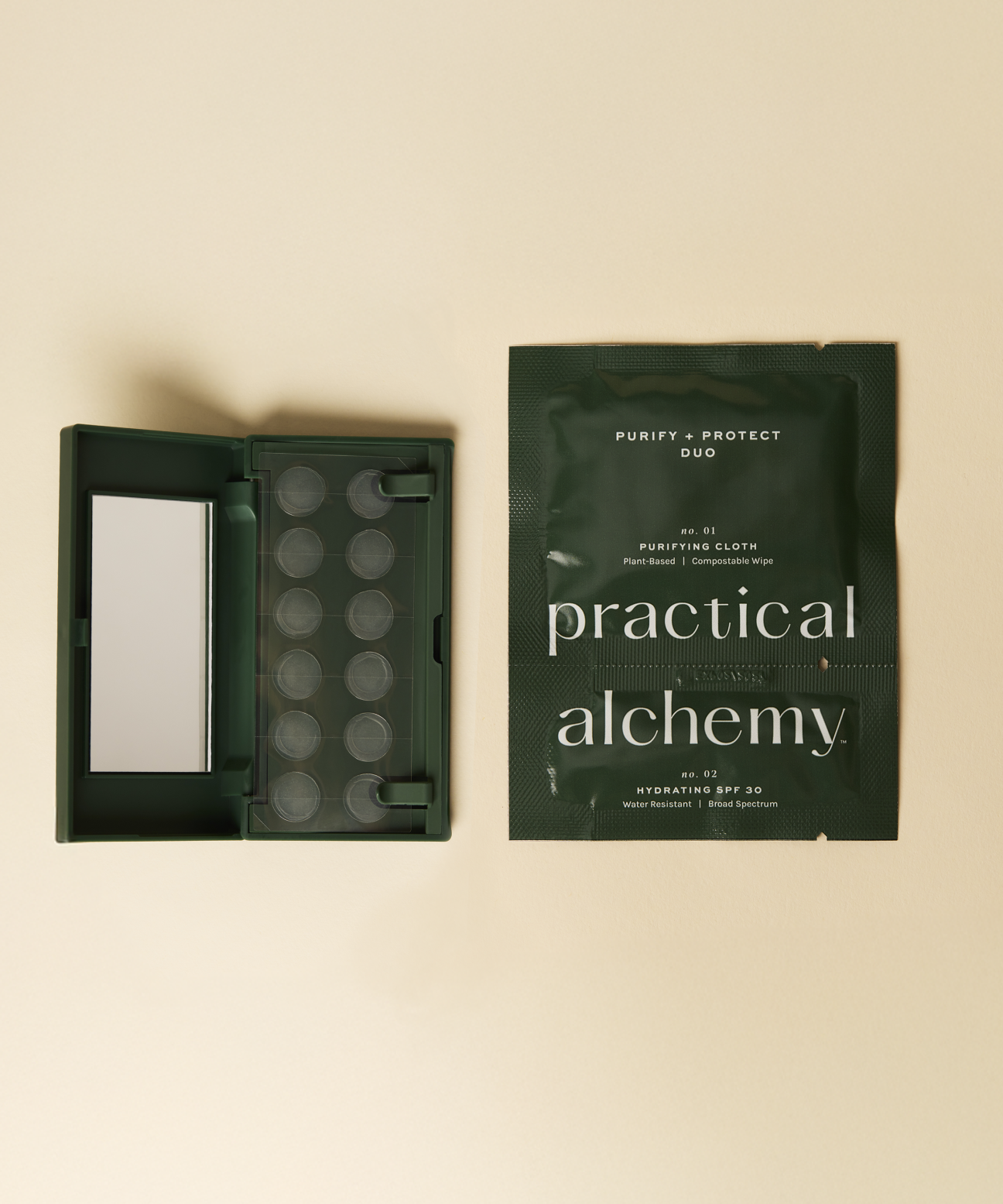 Open pimple patch carrying case next to Purify & Protect Duo on a beige background