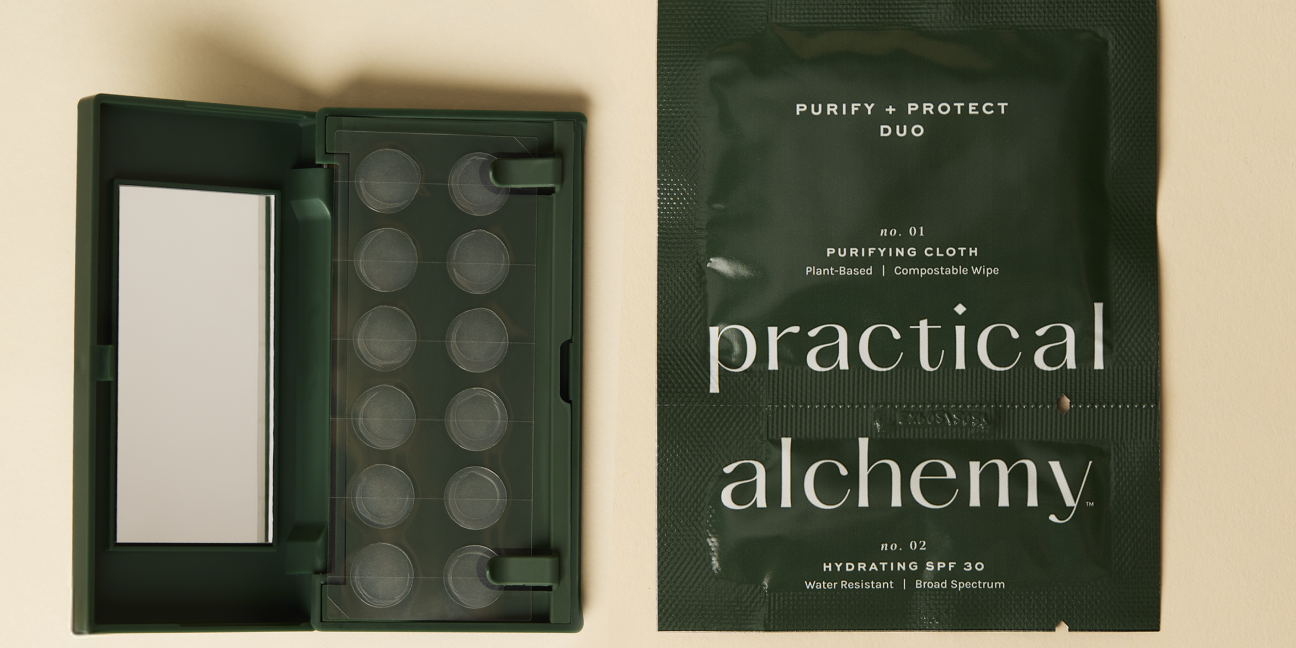 Open pimple patch carrying case next to Purify & Protect Duo on a beige background